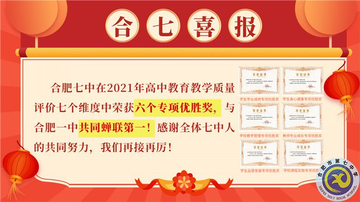 合肥七中在2021你那高中教學(xué)質(zhì)量評價中榮獲六個A專項優(yōu)勝獎，與合肥七中共同蟬聯(lián)第一！.jpg